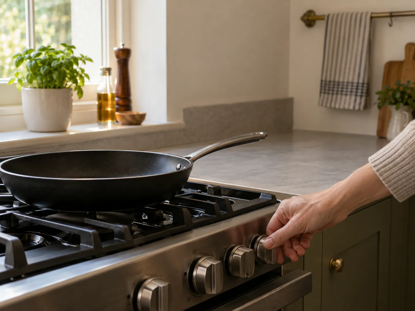 A frying pan on a hob with a tea towel hung well away on a rail and a hand turning the cooker dial to off