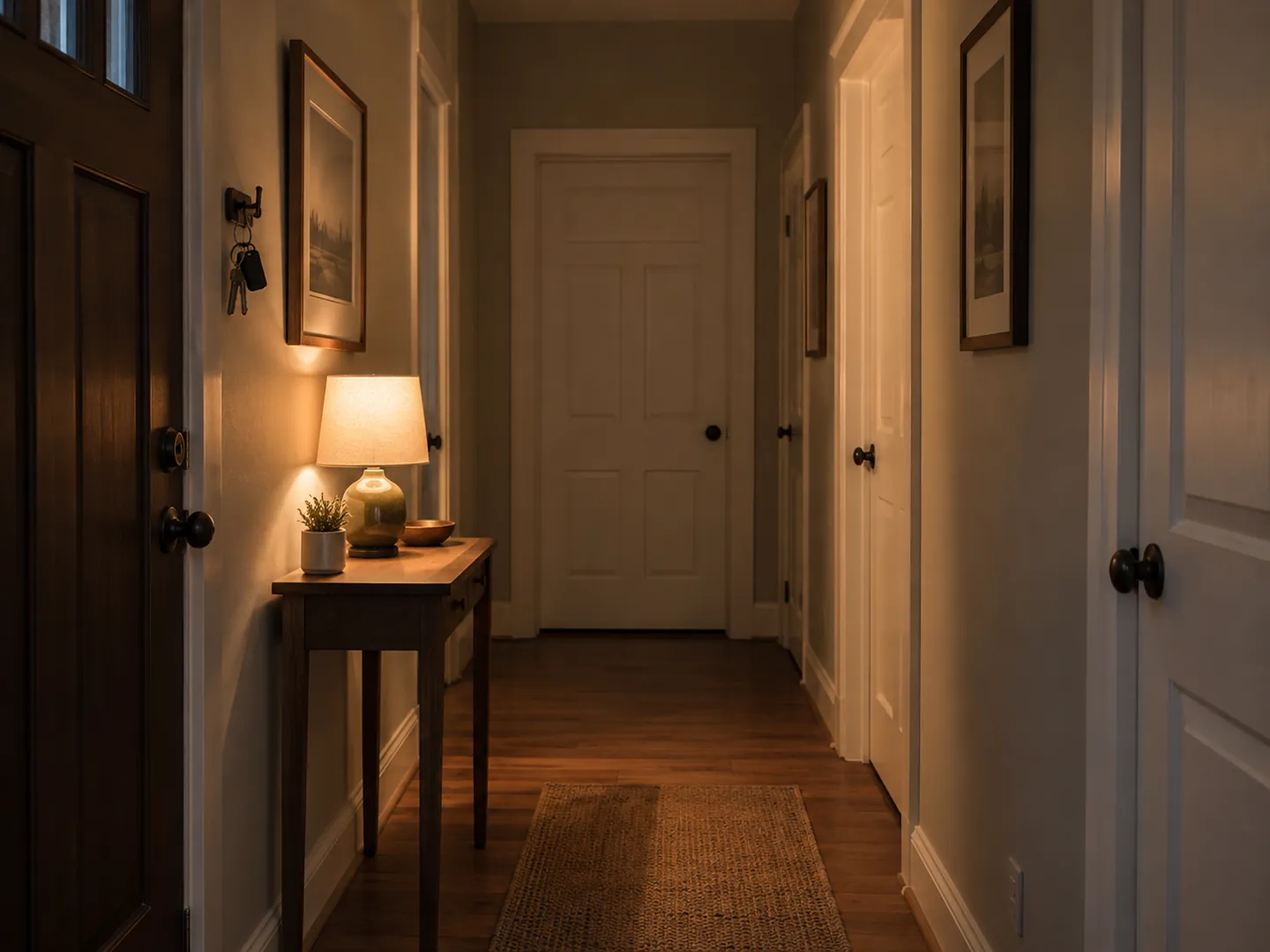 A quiet hallway at night with the inside doors closed and a set of house keys hanging on a hook by the front door